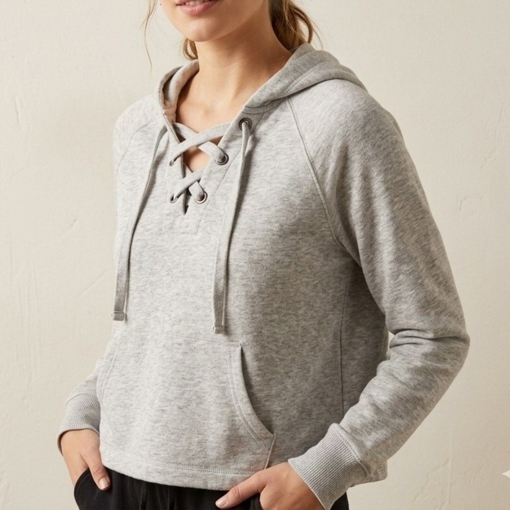 Aerie Hoodie Women XS Gray Lace Up Cropped Pullover Relaxed Hooded Sweatshirt